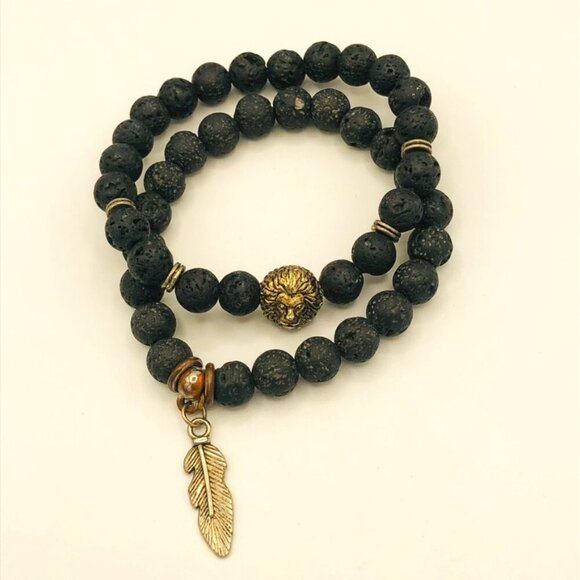 Jewelry - Set of Lava Stone Stretch Bracelets with Accent Beads